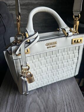 Guess Katey Mini Satchel Stone Woven TopHandle Crossbody WS787073 Gold Hardware